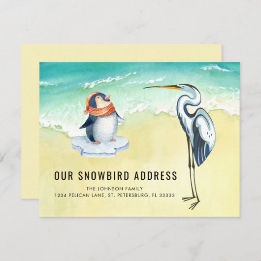 Cute Penguin Blue Heron Beach Scene New Address Aankondiging (Voorkant / Achterkant)