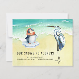 Cute Penguin Blue Heron Beach Scene New Address Aankondiging