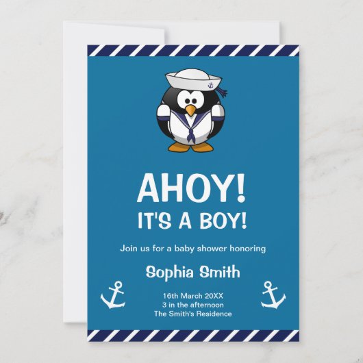 Cute Penguin Blue Nautical Baby shower Invitation Kaart (Voorkant)