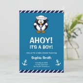 Cute Penguin Blue Nautical Baby shower Invitation Kaart (Staand voorkant)