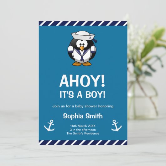 Cute Penguin Blue Nautical Baby shower Invitation Kaart (Staand voorkant)