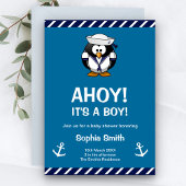 Cute Penguin Blue Nautical Baby shower Invitation Kaart