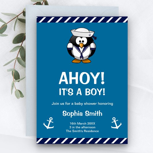 Cute Penguin Blue Nautical Baby shower Invitation Kaart