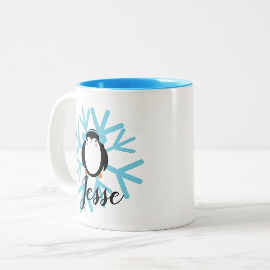 Cute Penguin Blue Snowflake Custom Name Kerstmis Tweekleurige Koffiemok (Voorkant links)