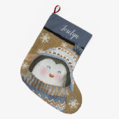 Cute Penguin Blue Tan Sweater Pet Name Grote Kerstsok (Voorkant (Hangend))