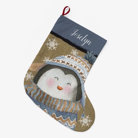 Cute Penguin Blue Tan Sweater Pet Name Grote Kerstsok (Voorkant (Hangend))