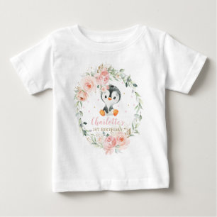 Cute Penguin Blush Floral 1e verjaardag Outfit