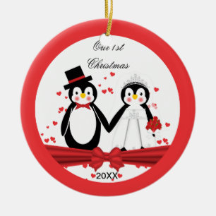 Cute Penguin Bride & Groom Wedding 1 Kerstmis Keramisch Ornament