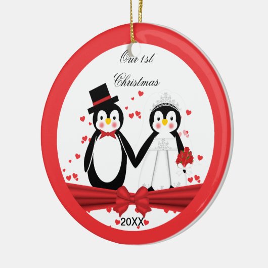 Cute Penguin Bride & Groom Wedding 1 Kerstmis Keramisch Ornament (Links)