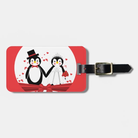 Cute Penguin Bride & Groom Wedding Bagagelabel (Voorkant horizontaal)
