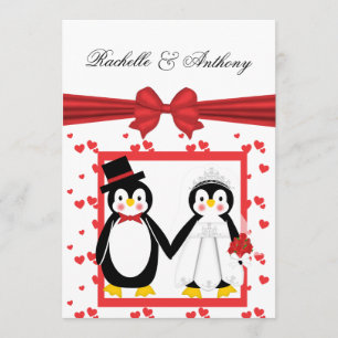 Cute Penguin Bride & Groom Wedding Invitations Kaart