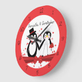 Cute Penguin Bride & Groom Wedding Wall Clock Grote Klok (Hoek)