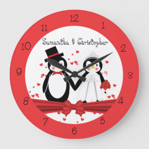 Cute Penguin Bride & Groom Wedding Wall Clock Grote Klok