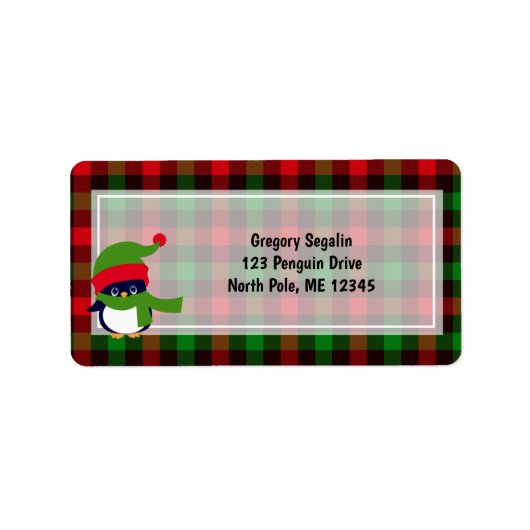 Cute Penguin/Buffalo Pset/Red Green Kerstmis Etiket (Voorkant)