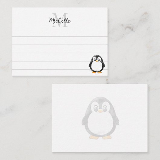 Cute Penguin Cartoon Custom Lined Monogram Notitiekaartje (Voorkant / Achterkant)