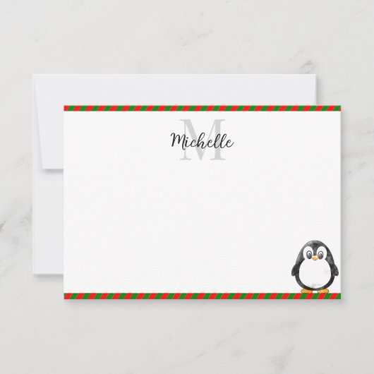 Cute Penguin Cartoon Custom Monogram Notitiekaartje (Voorkant)