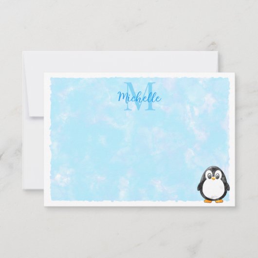 Cute Penguin Cartoon Custom Monogram Pastel Blue Notitiekaartje (Voorkant)