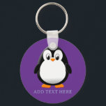 Cute Penguin Cartoon Custom Purple Sleutelhanger<br><div class="desc">A cute black and white penguin drawing. Baby animal key chains. Edit text to customize. Gift idea for kids.</div>