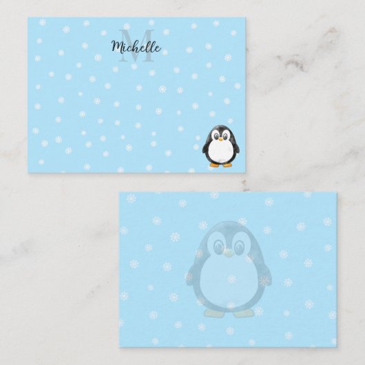 Cute Penguin Cartoon Snow Custom Monogram Notitiekaartje (Voorkant / Achterkant)