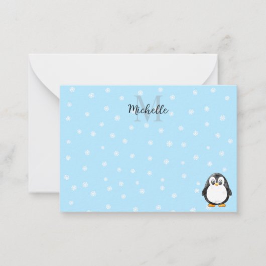 Cute Penguin Cartoon Snow Custom Monogram Notitiekaartje (Voorkant)