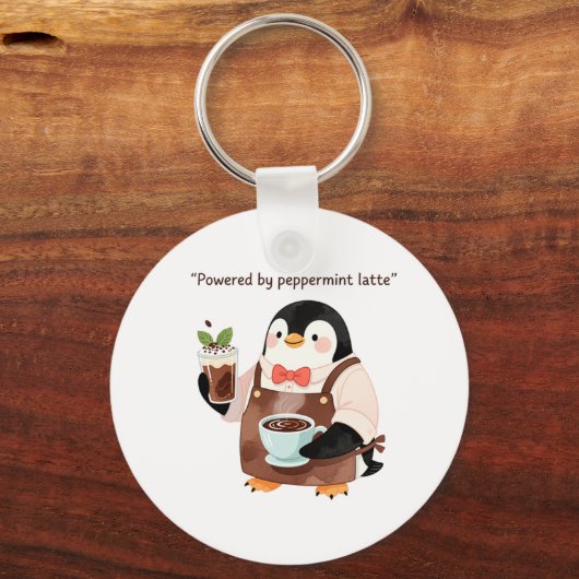Cute penguin character serving peppermint latte sleutelhanger (Voorkant)
