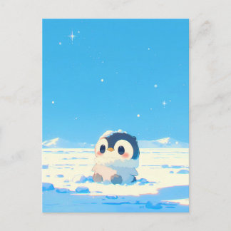Cute Penguin Chick in Starry Arctic Landscape Briefkaart