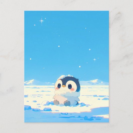Cute Penguin Chick in Starry Arctic Landscape Briefkaart (Voorkant)