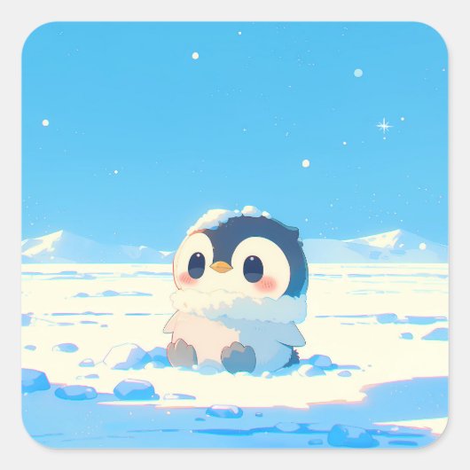 Cute Penguin Chick in Starry Arctic Landscape Vierkante Sticker (Voorkant)