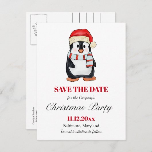 Cute Penguin | Christmas Party Save The Date  Aankondigingskaart (Voorkant / Achterkant)