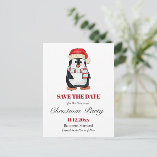 Cute Penguin | Christmas Party Save The Date  Aankondigingskaart (Staand voorkant)