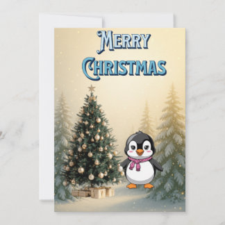 Cute Penguin & Christmas Tree Flat Holiday Card Kaart