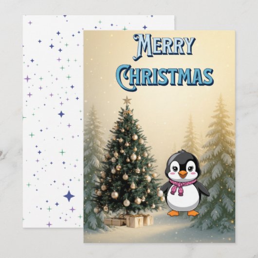 Cute Penguin & Christmas Tree Flat Holiday Card Kaart (Voorkant / Achterkant)