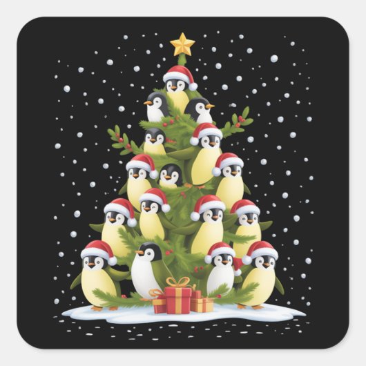Cute Penguin Christmas Tree Funny Holiday Vierkante Sticker (Voorkant)