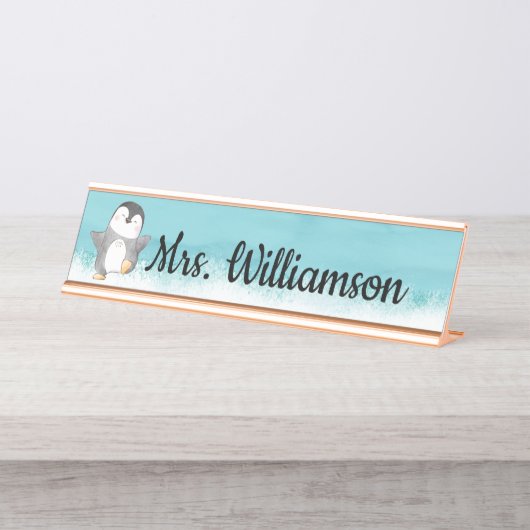 Cute Penguin Classroom Teacher Monogram Bureau Naambordje (Voorkant)