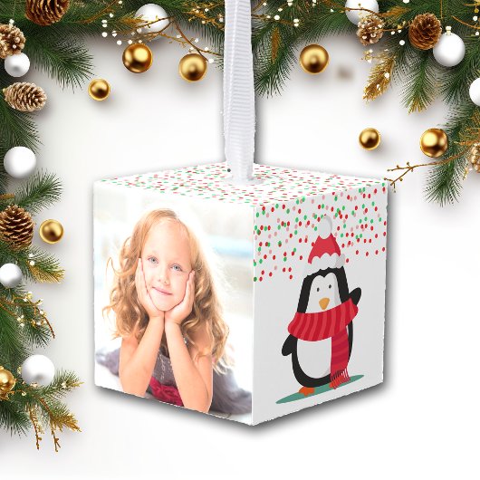 Cute Penguin Confetti Snow Kinder Photo Template Kubus Ornament