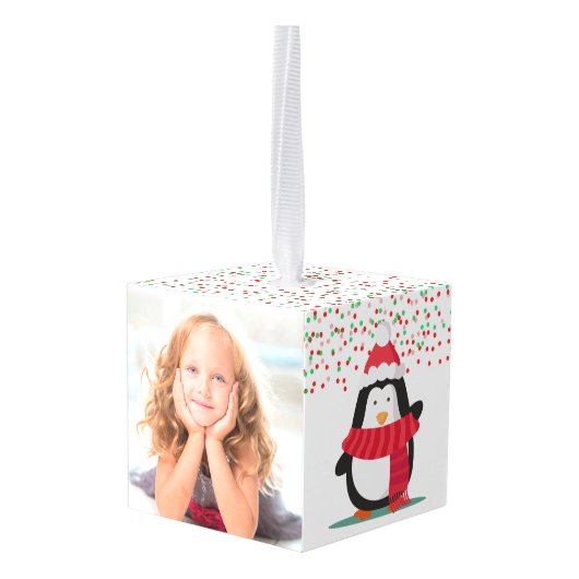 Cute Penguin Confetti Snow Kinder Photo Template Kubus Ornament (Achter hoekig)