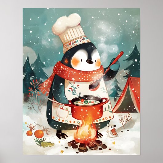 Cute Penguin Cooking Watercolor Winter Nursery Poster (Voorkant)