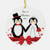 Cute Penguin Couple Wedding 1st Kerstversiering Keramisch Ornament (Voorkant)