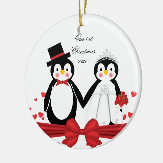 Cute Penguin Couple Wedding 1st Kerstversiering Keramisch Ornament (Links)