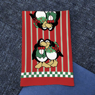 Cute Penguin Couple Whimsical Love Red Theedoek