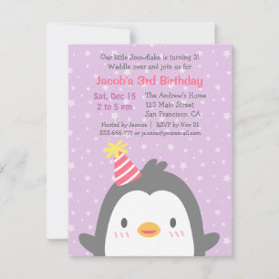 Cute Penguin December Paarse Birthday Party Kaart