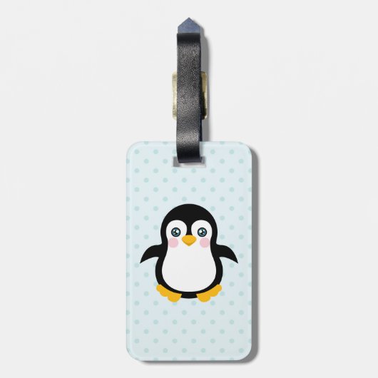 Cute Penguin Design Blue Polka Dot Background Bagagelabel (Achterkant verticaal)