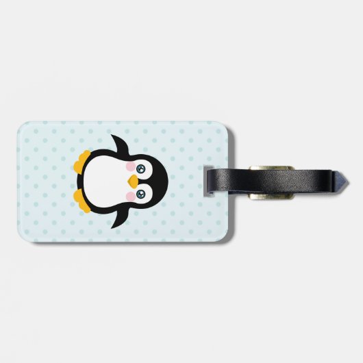 Cute Penguin Design Blue Polka Dot Background Bagagelabel (Achterkant horizontaal)