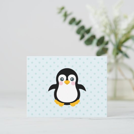Cute Penguin Design Blue Polka Dot Background Briefkaart (Staand voorkant)