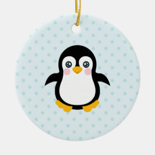 Cute Penguin Design Blue Polka Dot Background Keramisch Ornament