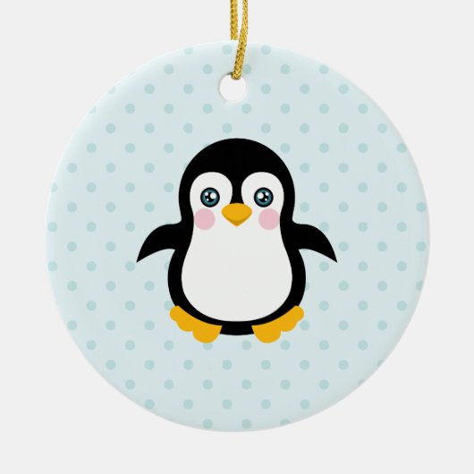 Cute Penguin Design Blue Polka Dot Background Keramisch Ornament (Voorkant)