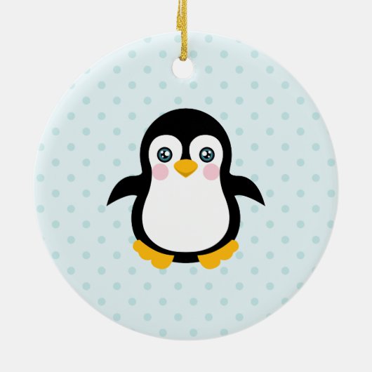 Cute Penguin Design Blue Polka Dot Background Keramisch Ornament (Achterkant)