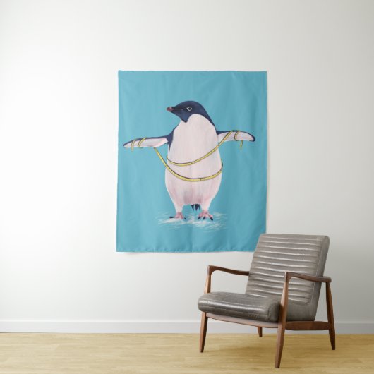 Cute Penguin Dieting Blue Wandkleed (In situ)