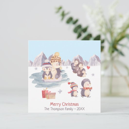 Cute Penguin Family Merry Kerstfeestay Kaart (Staand voorkant)