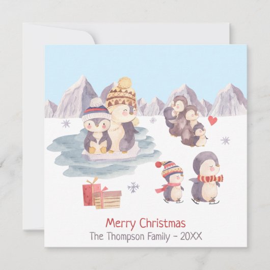 Cute Penguin Family Merry Kerstfeestay Kaart (Voorkant)
